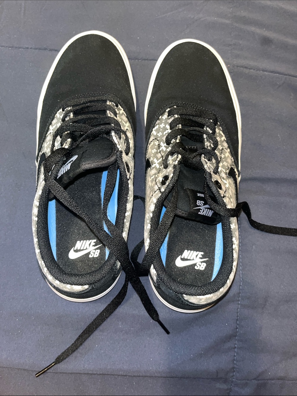 Nike Black Canvas Skate Shoes with Grey Camo Panels and Blue Insoles